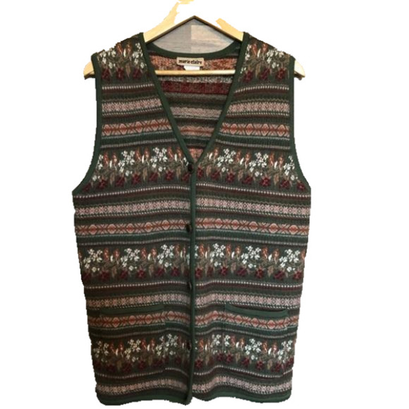 Vintage Floral Cottagecore Coastal Button Up Wool Knit Sweater Vest Medium - Picture 1 of 11